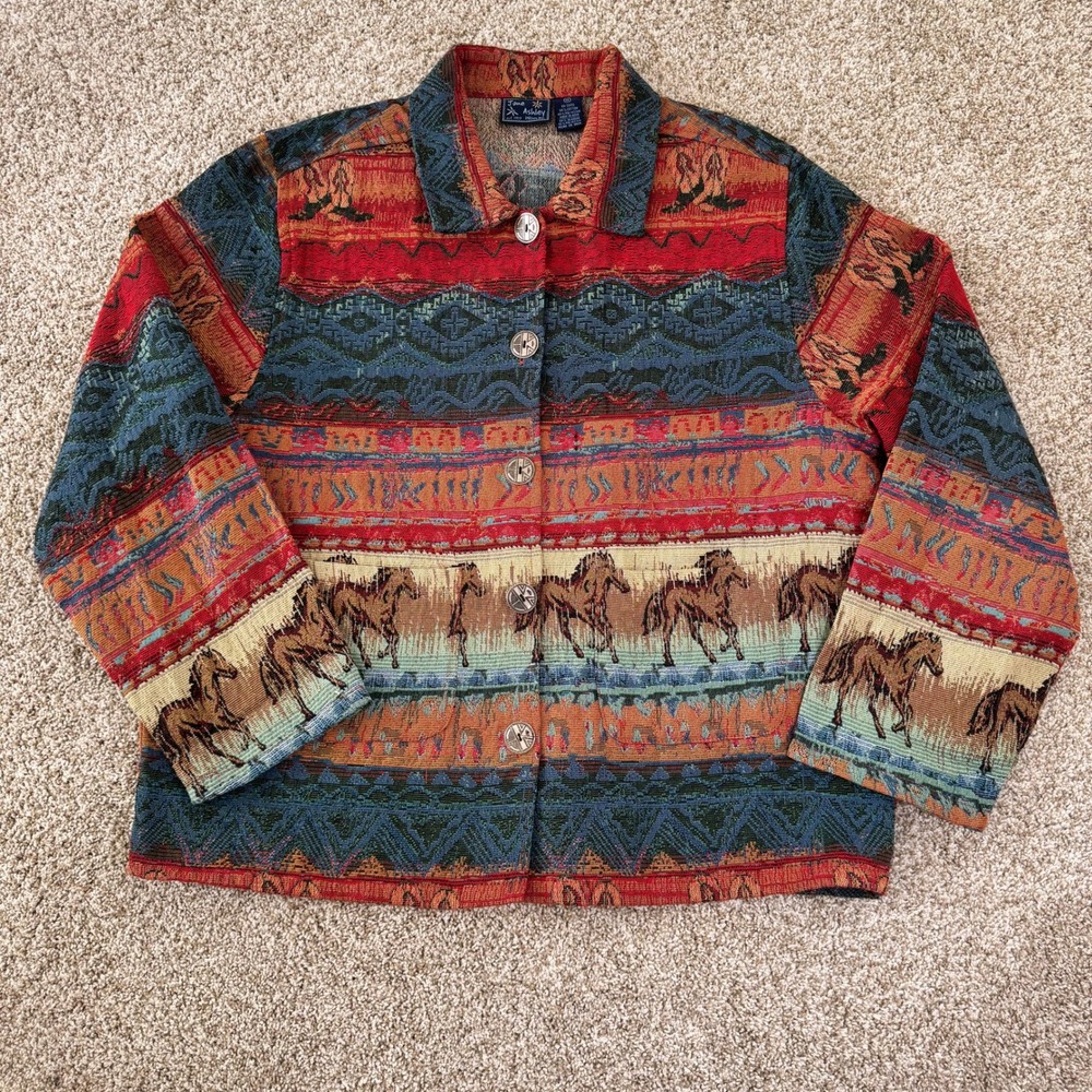 Vintage Jane Ashley Womens Size 1X Horse Southwestern Tapestry Jacket
